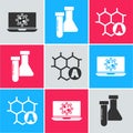 Set Bacteria on laptop, Test tube and flask chemical and Chemical formula icon. Vector
