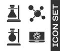 Set Bacteria on laptop, Test tube flask on stand, Test tube flask on stand and Molecule icon. Vector