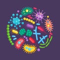 Set of bacteria, microbes, virus, germs. Disease-causing object isolated on background. Bacterial microorganisms, probiotic cells
