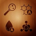 Set Bacteria, Microorganisms under magnifier, Water drop and Chemical formula on wooden background. Vector.