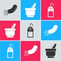 Set Bacteria, Mortar and pestle and Laboratory wash bottle icon. Vector Royalty Free Stock Photo
