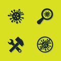 Set Bacteria, Stop virus, bacteria, Crossed hammer and wrench and Microorganisms under magnifier icon. Vector