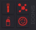 Set Bacteria, Test tube and flask chemical, Molecule and Laboratory wash bottle icon. Vector Royalty Free Stock Photo