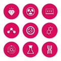 Set Bacteria, Test tube and flask, DNA symbol, Chemical formula, Solar system, Molecule, XYZ Coordinate and Diamond icon