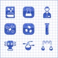 Set Bacteria, Test tube and flask, Gas mask, Medicine pill or tablet, Laboratory assistant and Chemistry book icon