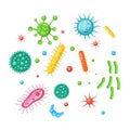 set of bacteria, viruses, germs, microbes. microbiology organism, probiotics cell. vector illustration icon design