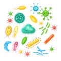 set of bacteria, viruses, germs, microbes volume 5. microbiology organism isolated design, probiotics cell. vector illustration