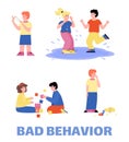Set of bad kids behavior banner, flat cartoon vector illustration isolated