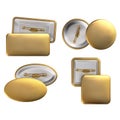 Set badge pin brooch of round, rectangular, oval, square shapes in gold color.