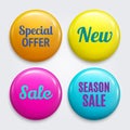 Set of badges as Special offer, New, Sale, Season sale. Product promotions. Discount buttons collection. Vector.