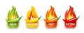 Set of badges with chili peppers and fire flames from behind. Mild, medium, hot and extra levels of spiciness Royalty Free Stock Photo