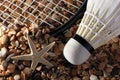 Set Badminton racket and shuttlecock feathers on rocks, beach background. Royalty Free Stock Photo