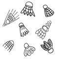 Set of badminton s shuttlecocks. Cute hand-drawn doodle. Black and white vector illustration.