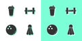 Set Badminton shuttlecock, Fitness shaker, Bowling ball and Dumbbell icon. Vector Royalty Free Stock Photo