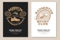 Set of badminton sport vintage flyer, poster design. Vector. Editable template with badminton racket, sports shoe and