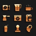 Set Bag of coffee beans, Coffee tamper, Barista, machine, Milkshake, turk, cup and Street signboard icon. Vector Royalty Free Stock Photo