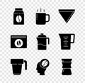 Set Bag of coffee beans, Coffee cup, paper filter, Barista, Pour over maker, and French press icon. Vector Royalty Free Stock Photo