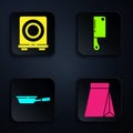 Set Bag of coffee beans, Electric stove, Frying pan and Meat chopper. Black square button. Vector