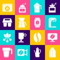 Set Bag of coffee beans, Location with, Coffee machine, French press, Pour over maker, cup to go, and icon. Vector Royalty Free Stock Photo