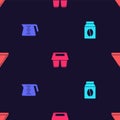 Set Bag of coffee beans, Coffee pot, cup to go and paper filter on seamless pattern. Vector Royalty Free Stock Photo