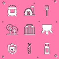 Set Bag of flour, Farm house, Shovel, Tree, Granary, Udder, Shield with pig and Carrot icon. Vector