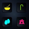 Set Bag of flour, Kitchen whisk and bowl, Easter eggs and Christmas candy cane. Black square button. Vector Royalty Free Stock Photo