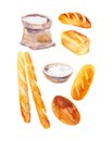 Set of a bag of flour, salt and various types of bread. Watercolor illustrations isolated on a white background Royalty Free Stock Photo