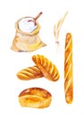 Set of a bag of flour with a spoon, different bread and wheat spikelets. Watercolor illustrations isolated on a white background