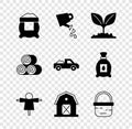 Set Bag of flour, Watering can, Plant, Scarecrow, Farm house, Basket, Roll hay and Pickup truck icon. Vector