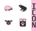 Set Bag of food, Hedgehog, Pig and Frog icon. Vector Royalty Free Stock Photo