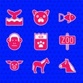 Set Bag of food, Horse, head, Zoo park, Pig, Monkey, Fish and Whale tail in ocean wave icon. Vector