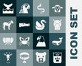 Set Bag of food, Whale, Hippo or Hippopotamus, Snake, Crocodile, Horse, tail in ocean wave and Swan bird icon. Vector
