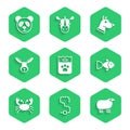 Set Bag of food, Worm, Sheep, Fish, Crab, Rabbit head, Dog and Cute panda face icon. Vector