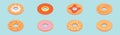 Set of bagel cartoon icon design template with various models. vector illustration isolated on blue background