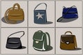 Set of bags. Black, blue,beige, green backpack, briefcase, shopper. Fashion. The basic wardrobe of a minimalist. Autumn clothes.