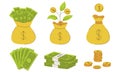 A set with bags of money, with a plant, with a dollar sign. Stack of banknotes, coins. American dollars, cash, green Royalty Free Stock Photo
