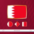 Set of Bahrain flags with gold frame for use at sporting events on a burgundy abstract background