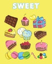 Set with bake and sweets.Background with colorful various candy