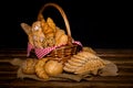 Various fresh bread such as sesame bun, baguette, baked rolls, croissant, round bun and whole grain sliced bread Royalty Free Stock Photo