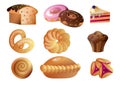 Set of baked goods with different types of bread sweet buns muffins biscuits donut donuts and others.