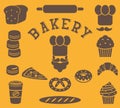 Set of bakery flat elements isolated - baker person, chef`s hat, moustache, bread, baguette, loaf, rolling pin, cake, macarons,cro