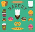 Set of bakery flat elements isolated - baker person, chef`s hat, moustache, bread, baguette, loaf, rolling pin, cake, macarons,cro