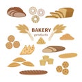 Set of bakery fresh bread and pastry. Food Collection and shop elements of sliced loaf, french baguette, rye bread, wheat branch Royalty Free Stock Photo