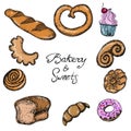 Set of bakery linear hand-drawn design elements vector image