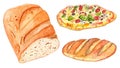 Set of bakery: loaf of bread and pizza