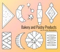 Set of bakery and pastry products in outline style. Croissants, bagels, puffs, roll,buns of puff pastry with fresh berries and jam
