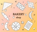 Set of bakery and pastry products in outline style. Croissants, bagels, puffs, roll, buns of puff pastry with fresh berries