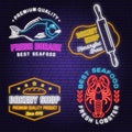 Set of Bakery and seafood badges. Vector. For emblem, sign, menu restaurants with rolling pin, bread, wheat ears