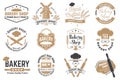 Set of Bakery shop badge. Vector Concept for badge, shirt, label, print, stamp, tee. Design with windmill, rolling pin