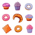 Set of baking products. Dessert icons flat style Muffin, donut, ice cream, dessert, croissant, cookie. Vector.